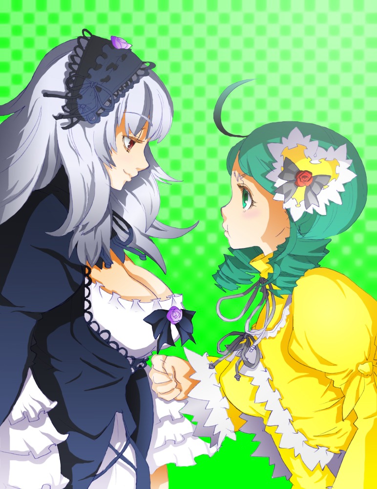 2girls ahoge argyle argyle_background artist_request breast_envy breasts checkered checkered_background checkered_floor cleavage dress drill_hair flower frills green_eyes green_hair hairband holding_hands image kanaria large_breasts long_hair multiple_girls pair red_eyes rozen_maiden silver_hair suigintou white_hair