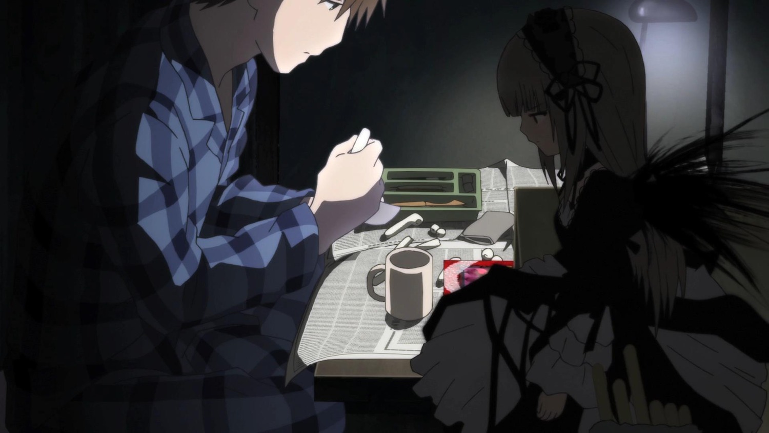 1boy 1girl brown_hair cup dress feathered_wings hairband image lolita_fashion lolita_hairband long_hair looking_at_another profile ribbon saucer sitting solo suigintou table teacup wings