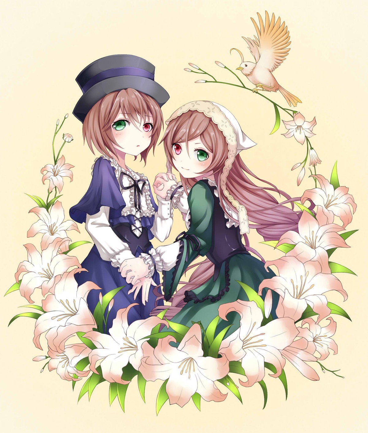 2girls bird blue_dress bonnet brown_hair capelet commentary_request da-cart dress flower green_dress green_eyes hat head_scarf heterochromia highres holding_another's_wrist holding_hands image interlocked_fingers lily_(flower) lolita_fashion long_hair long_sleeves looking_at_viewer looking_back multiple_girls pair red_eyes rozen_maiden short_hair siblings silver_hair sisters smile souseiseki suiseiseki twins very_long_hair