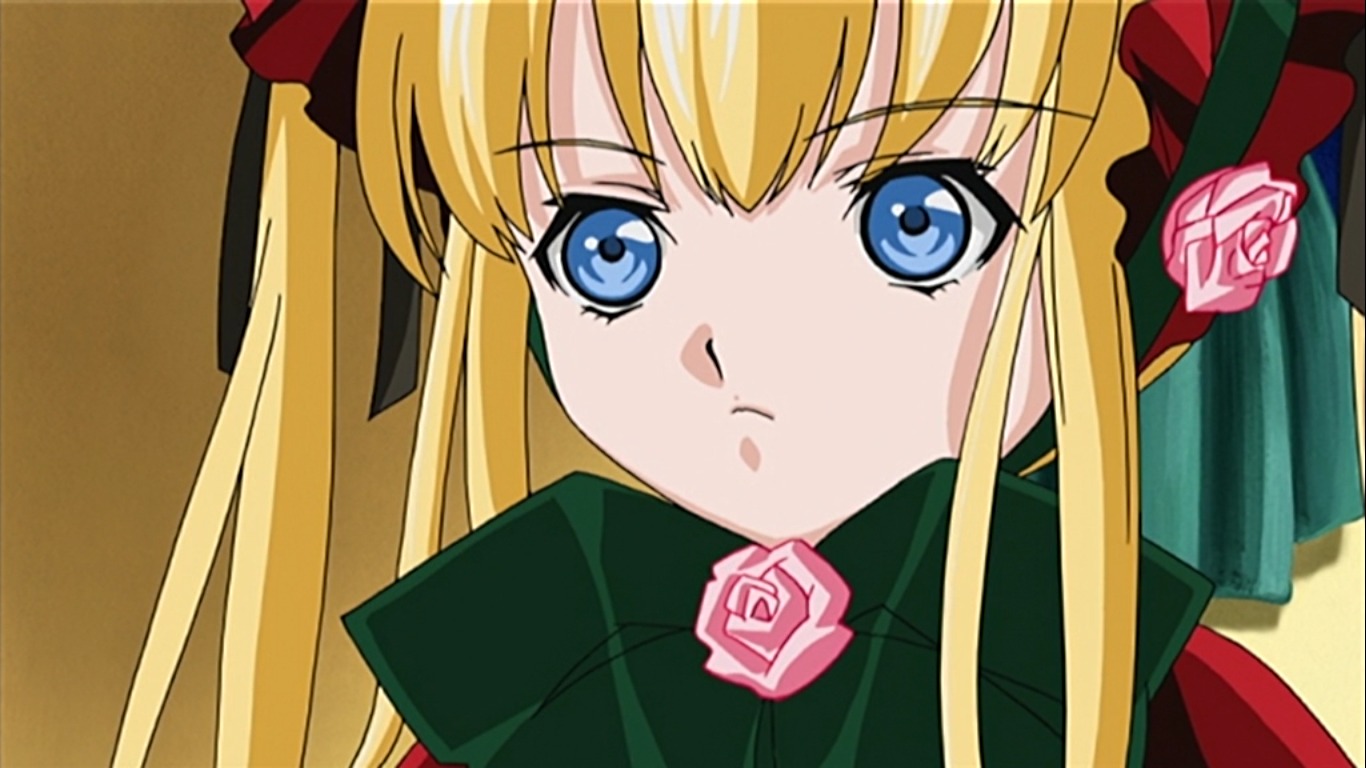 1girl auto_tagged blonde_hair blue_eyes bonnet bow flower hair_ribbon image long_hair looking_at_viewer pink_flower pink_rose rose shinku sidelocks simple_background solo twintails