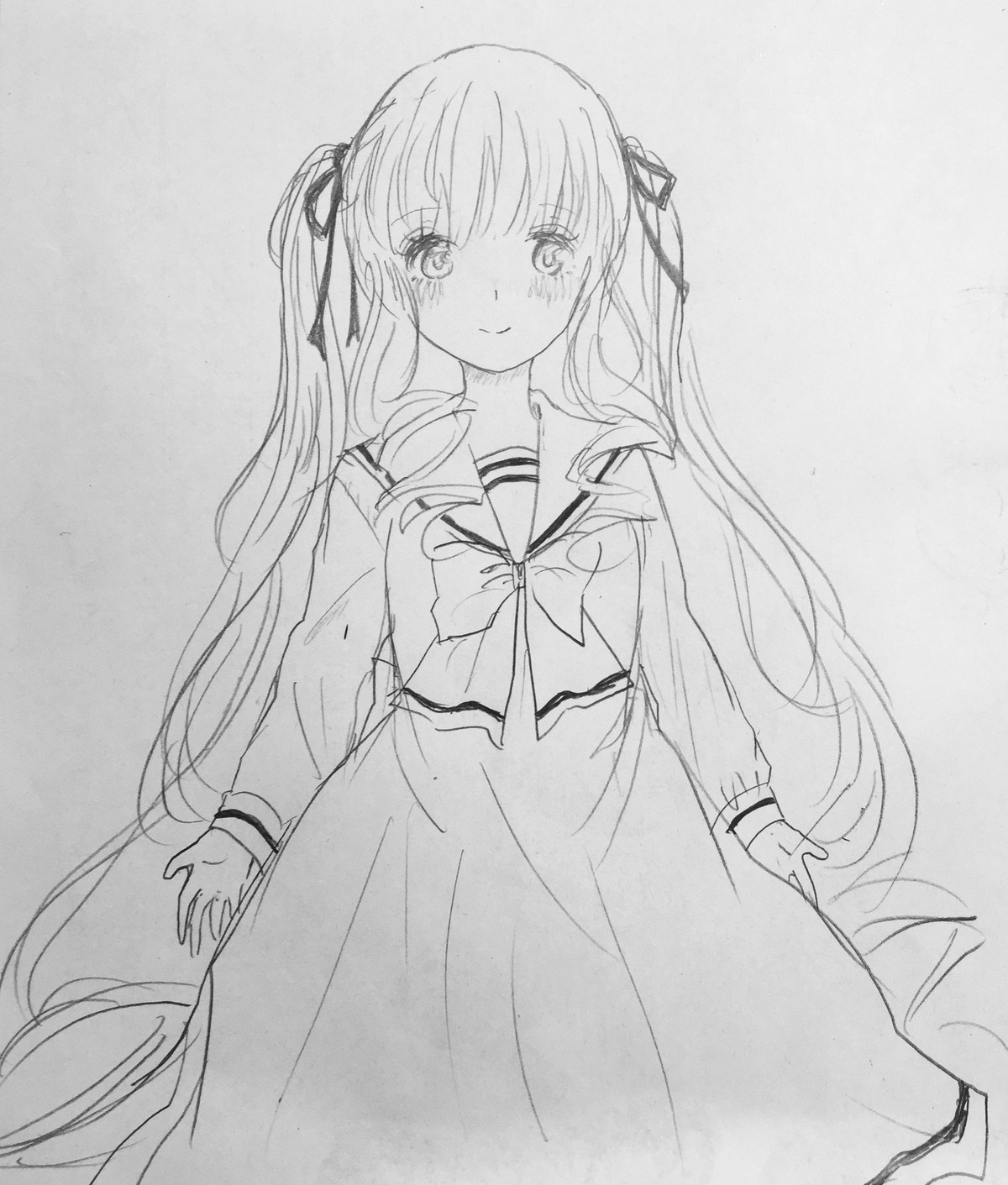 1girl bangs blush closed_mouth dress eyebrows_visible_through_hair greyscale hair_ribbon image long_hair long_sleeves looking_at_viewer monochrome ribbon sailor_dress shinku smile solo standing traditional_media very_long_hair