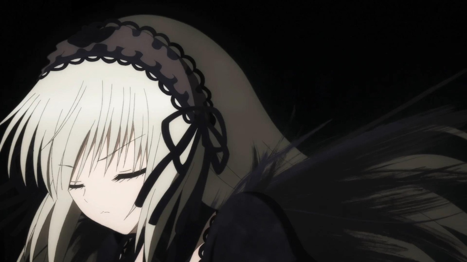 1girl black_background black_dress black_ribbon black_wings closed_eyes closed_mouth dress hairband image long_hair ribbon silver_hair simple_background solo suigintou wings
