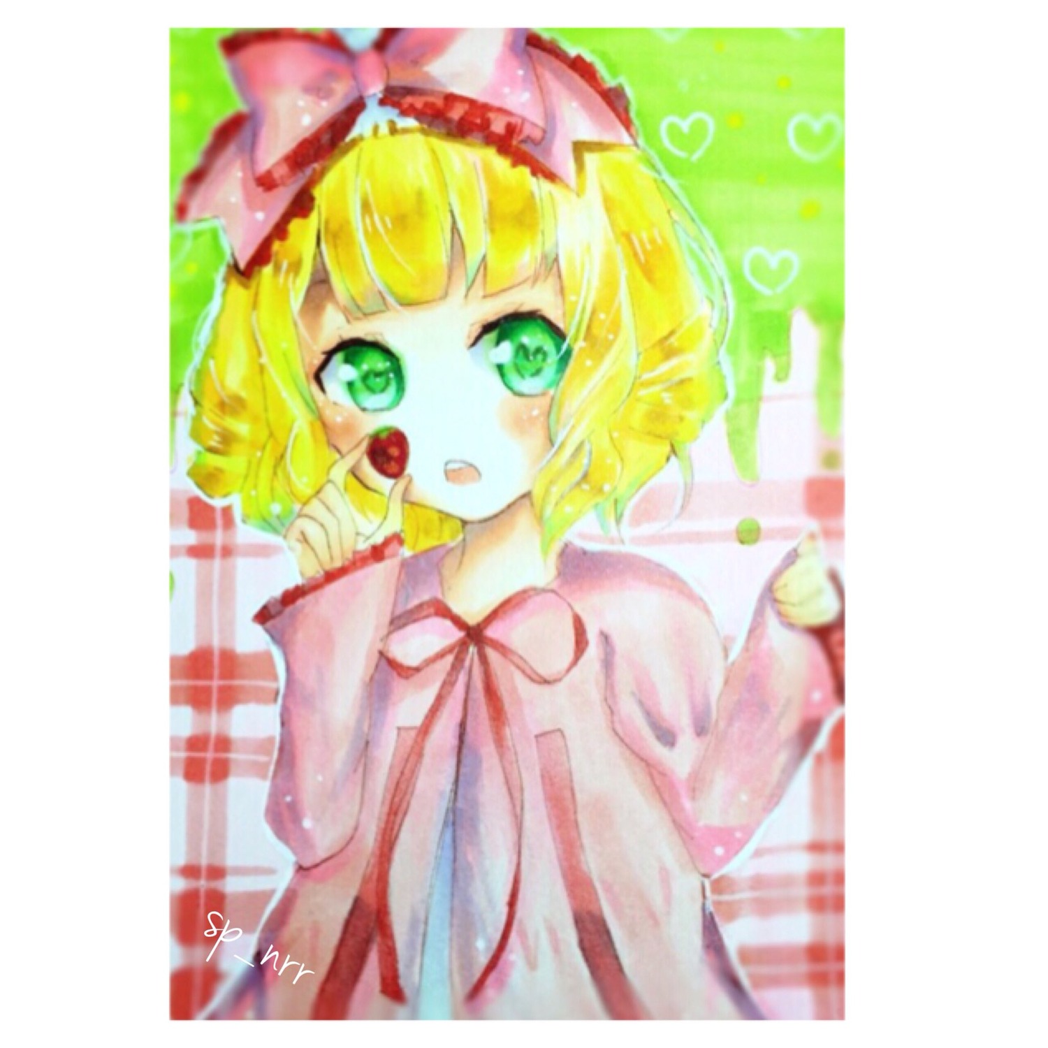 1girl apple blonde_hair blurry bow cherry depth_of_field food fruit green_eyes heart hina_ichigo hinaichigo holding_food holding_fruit image pink_bow ribbon short_hair solo strawberry