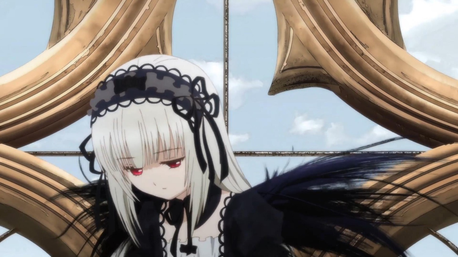 1girl bangs black_ribbon black_wings closed_mouth dress flower frills hairband image long_hair long_sleeves red_eyes ribbon rose silver_hair solo suigintou wings