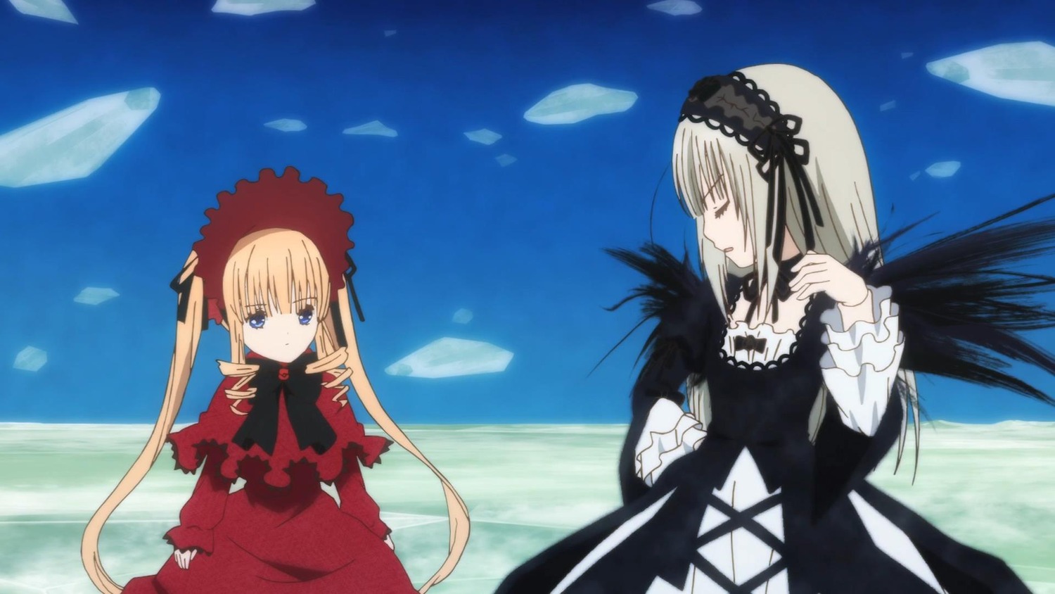 2girls black_wings blonde_hair blue_eyes bonnet bow closed_eyes day dress flower frills hairband image long_hair long_sleeves multiple_girls outdoors pair red_dress shinku silver_hair sky suigintou twintails very_long_hair wings