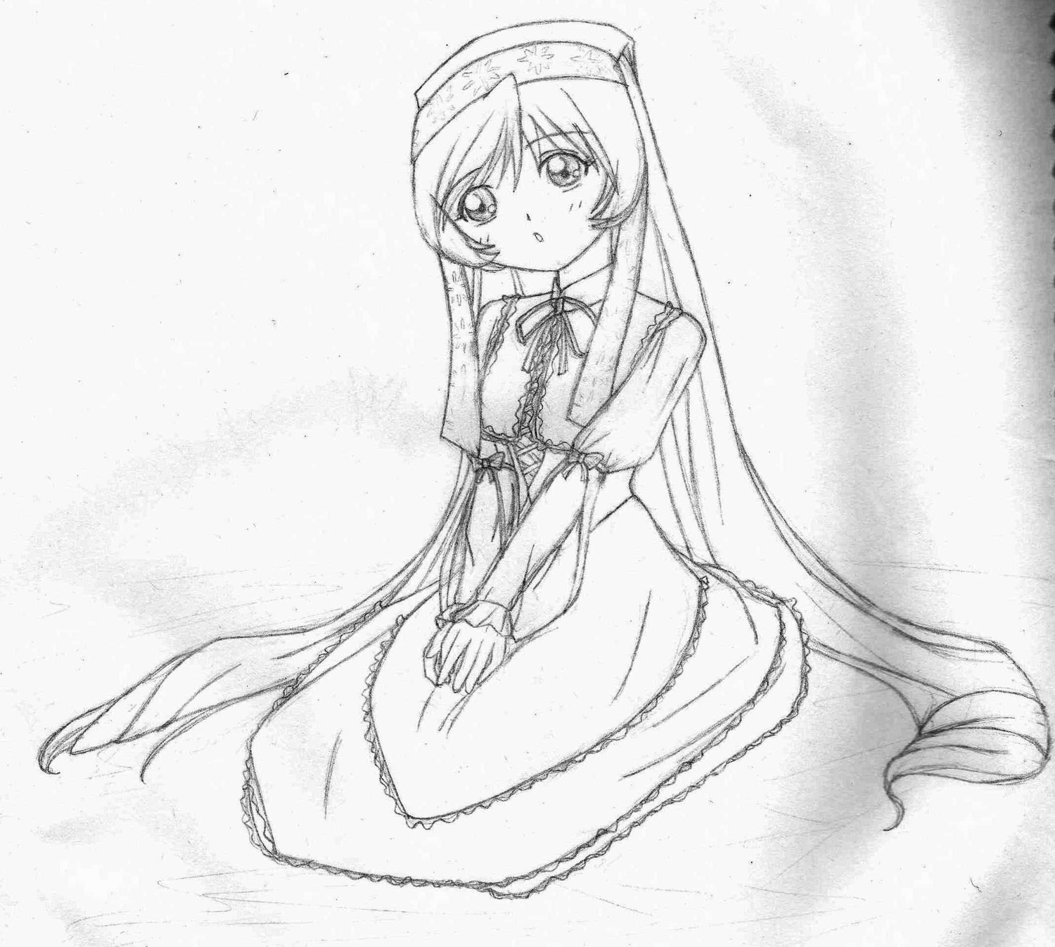 1girl auto_tagged blush dress graphite_(medium) greyscale image long_hair long_sleeves looking_at_viewer monochrome ribbon sitting solo suiseiseki traditional_media v_arms very_long_hair