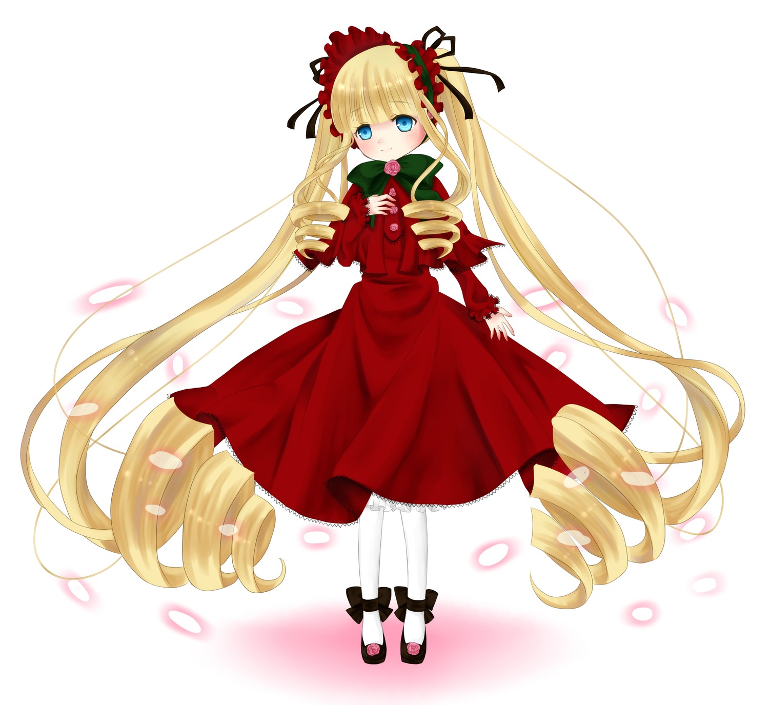 1girl blonde_hair blue_eyes blush bonnet bow dress drill_hair full_body image long_hair long_sleeves looking_at_viewer pantyhose petals red_dress shinku shoes solo standing twin_drills twintails very_long_hair white_legwear