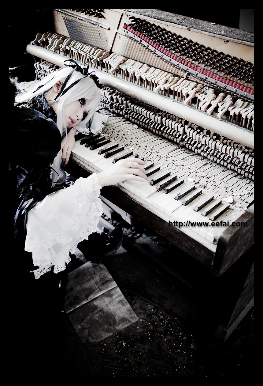 1girl dress instrument lips monochrome playing_instrument solo suigintou