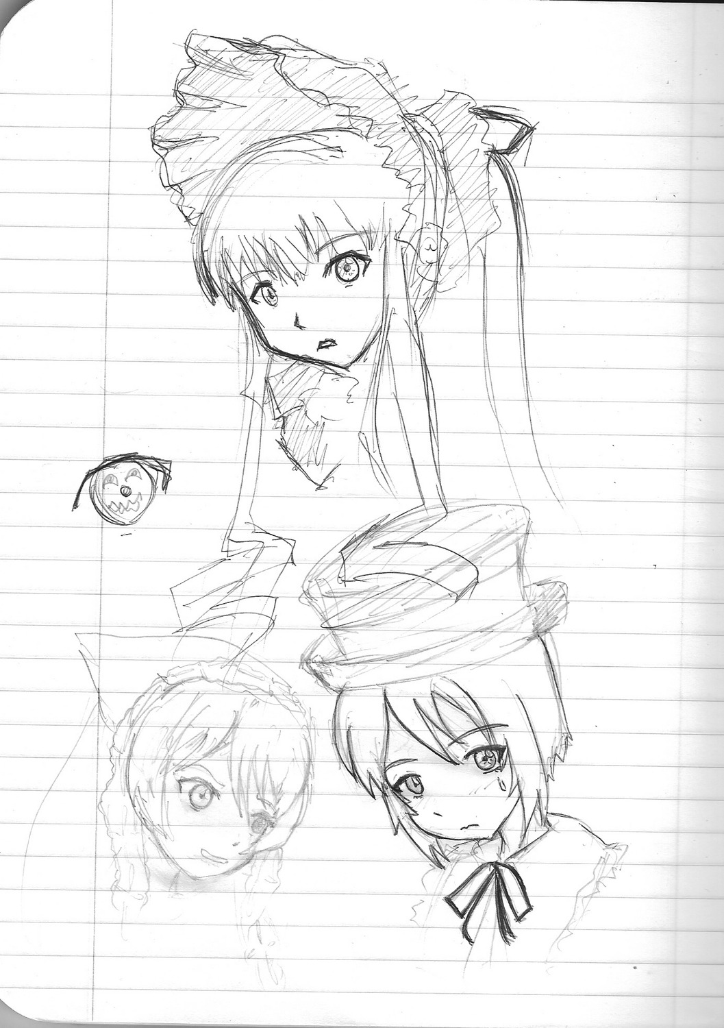 blush bonnet crying greyscale image monochrome multiple multiple_girls shinku sketch suigintou tagme tears