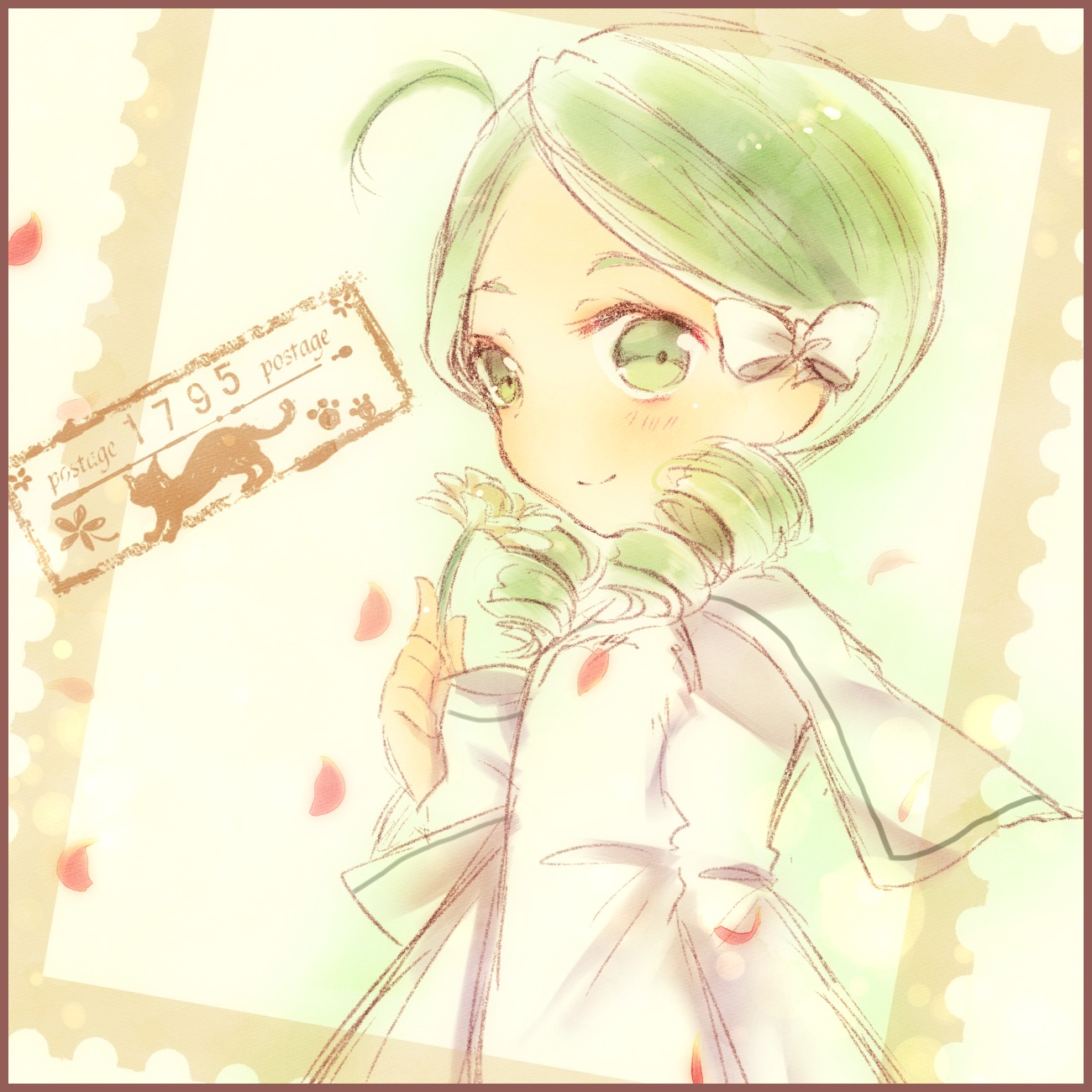 1girl ahoge blush bow closed_mouth drill_hair flower green_eyes green_hair hair_bow holding image kanaria long_sleeves looking_at_viewer petals sailor_collar school_uniform serafuku smile solo striped upper_body vertical_stripes