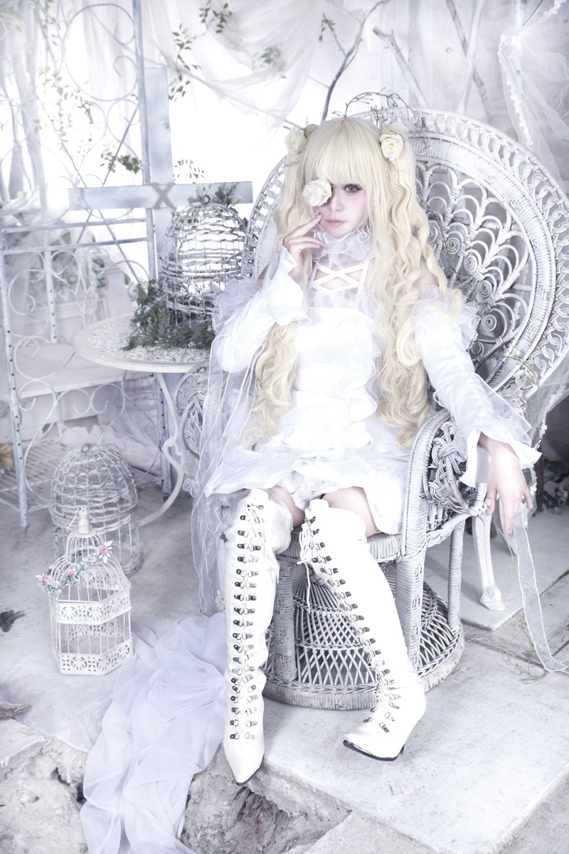 1girl blonde_hair boots cross-laced_footwear dress flower hair_ornament kirakishou long_hair rose sitting solo white_dress white_theme