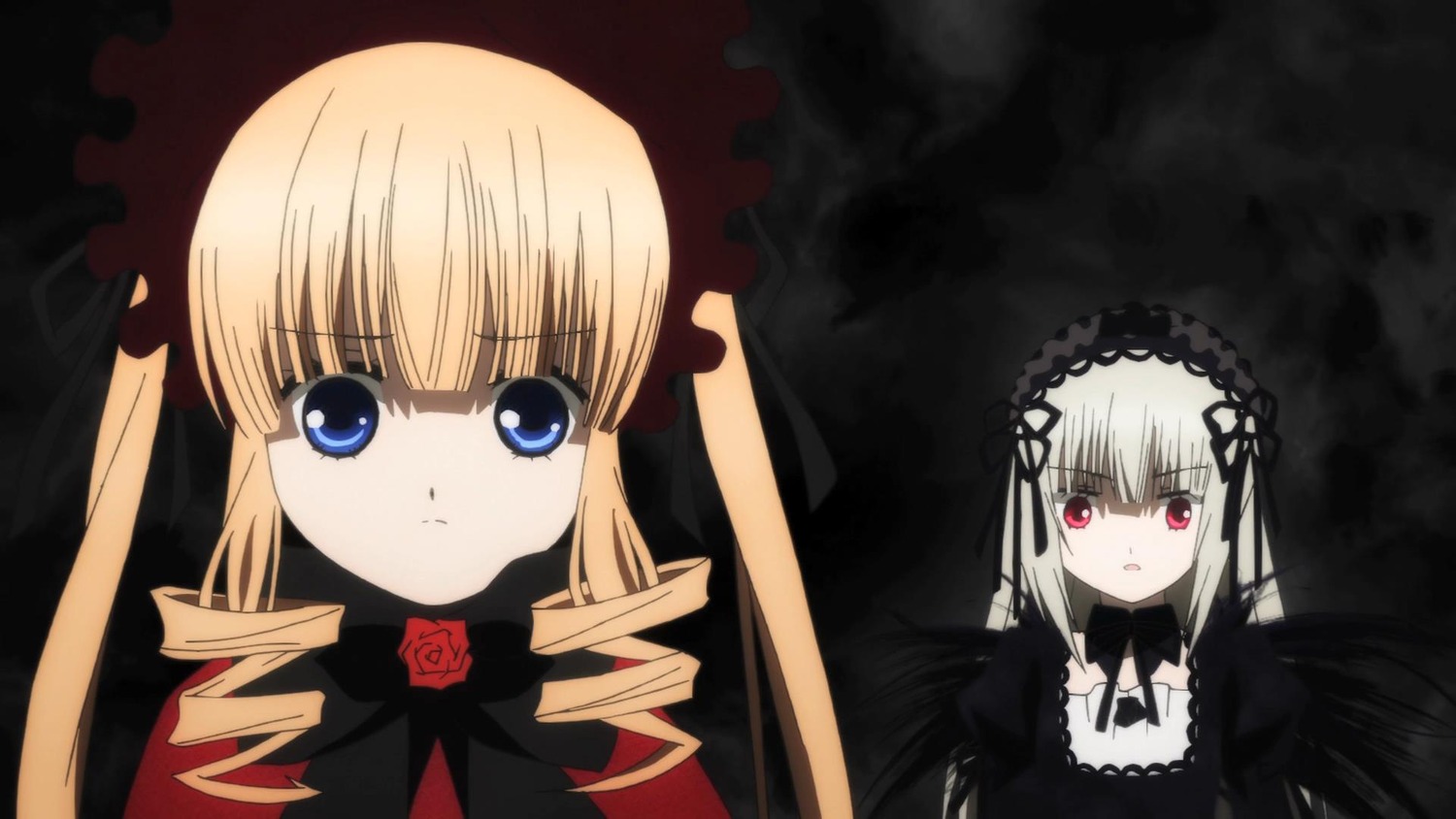 2girls black_ribbon blonde_hair blue_eyes bow dress drill_hair expressionless flower hairband image long_hair long_sleeves looking_at_viewer multiple_girls pair rose shinku silver_hair suigintou twin_drills twintails