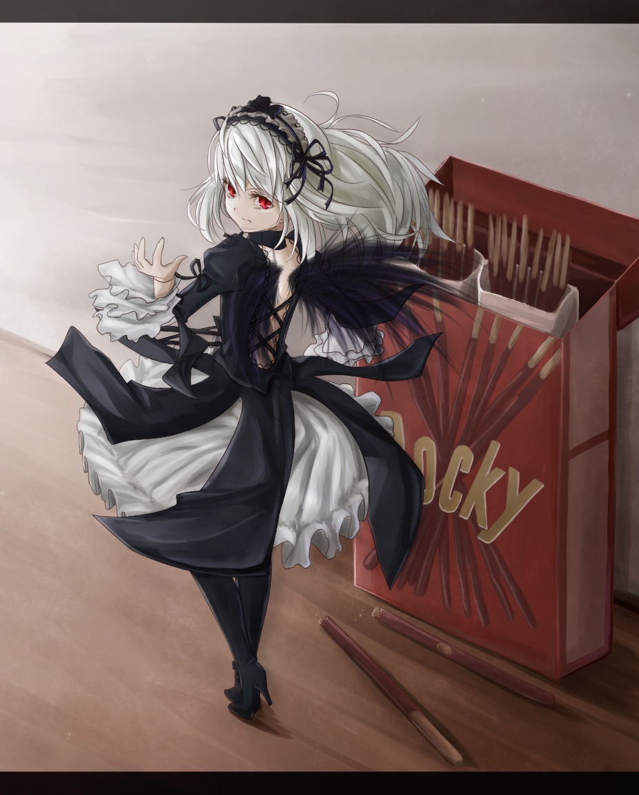 1girl dress frills gothic_lolita hairband image lolita_fashion long_hair long_sleeves looking_at_viewer looking_back red_eyes ribbon silver_hair solo suigintou white_hair wings