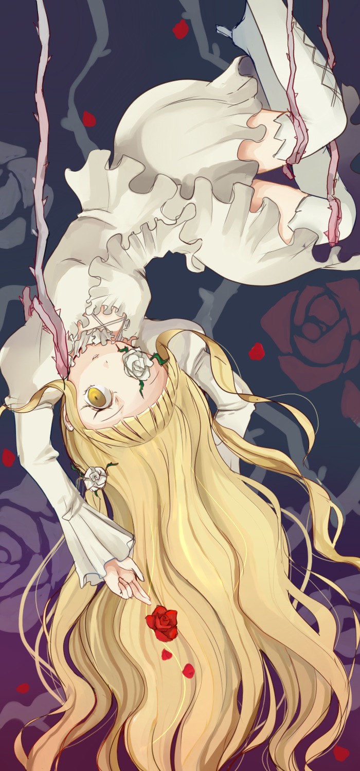 1girl arms_up blonde_hair dress flower image kirakishou long_hair petals red_flower red_rose rose rose_petals solo thigh_boots thighhighs thorns very_long_hair vines white_dress yellow_eyes