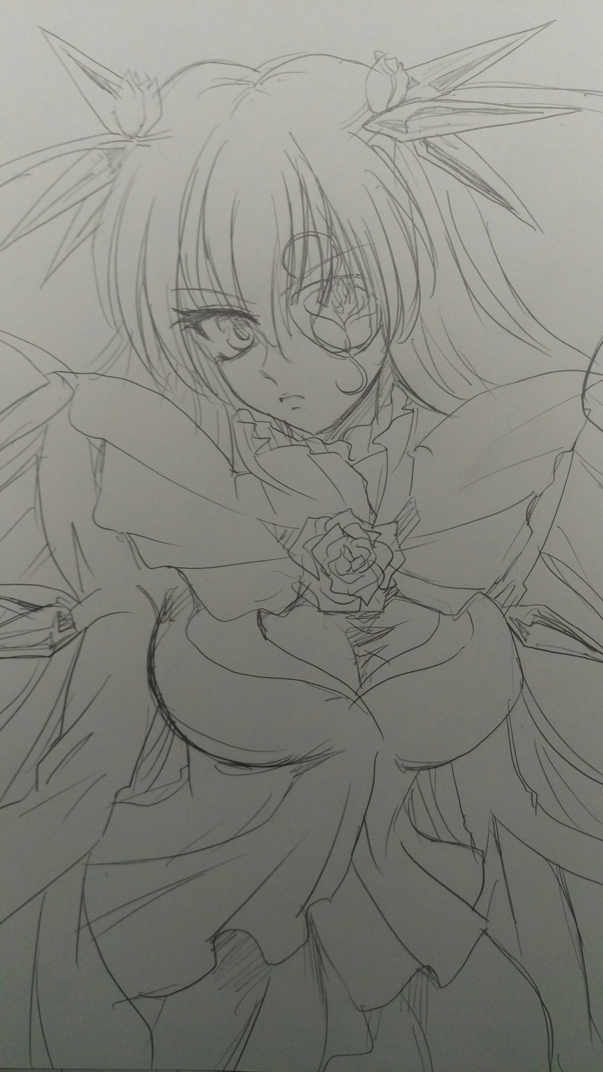1girl barasuishou breasts cleavage flower hair_ornament image large_breasts lineart long_hair monochrome rose solo traditional_media