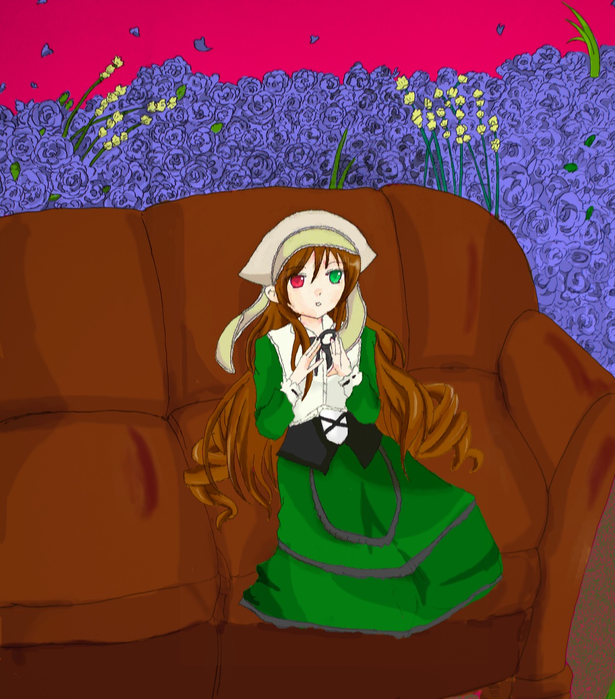 1girl blue_flower blue_rose brown_hair couch dress drill_hair flower green_dress green_eyes heterochromia image long_hair long_sleeves looking_at_viewer red_eyes rose solo suiseiseki twintails very_long_hair