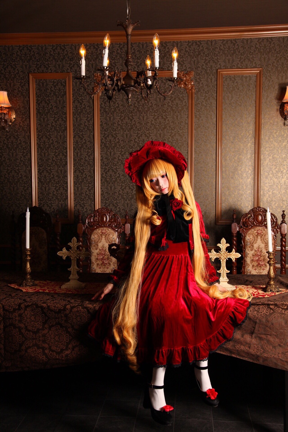 1girl blonde_hair candle dress flower indoors long_hair red_dress shinku shoes solo stuffed_animal