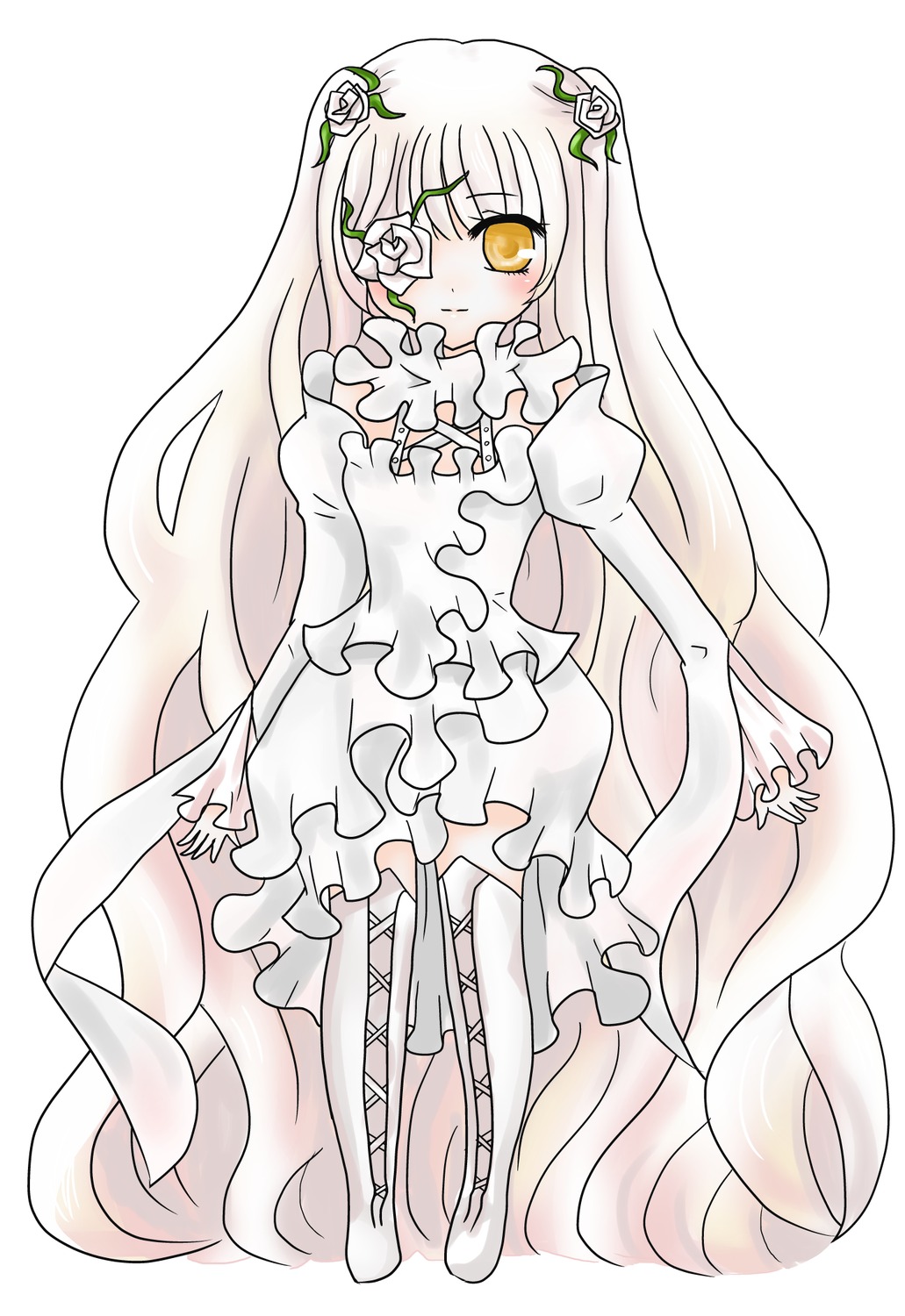 1girl blush boots dress eyepatch flower frills full_body hair_flower image kirakishou long_hair long_sleeves rose solo thigh_boots thighhighs very_long_hair white_background white_footwear white_hair yellow_eyes