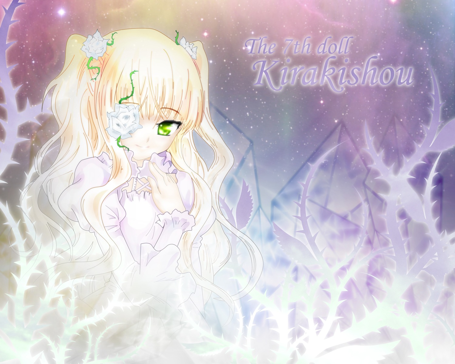 1girl blonde_hair dress eyepatch flower green_eyes hair_flower hair_ornament hands_on_own_chest image kirakishou long_hair long_sleeves sky solo star_(sky) starry_sky two_side_up