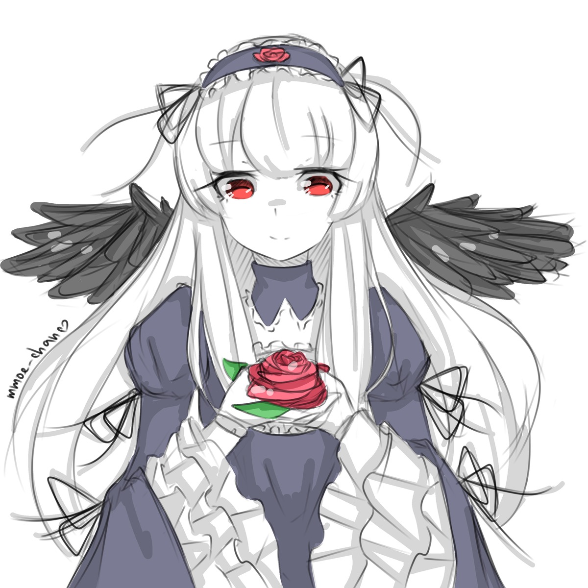 1girl bangs black_dress black_wings closed_mouth dress feathers flower frilled_sleeves frills gothic_lolita hairband image juliet_sleeves lolita_fashion long_hair long_sleeves looking_at_viewer puffy_sleeves red_eyes red_flower red_rose ribbon rose simple_background smile solo suigintou upper_body white_background white_hair wings