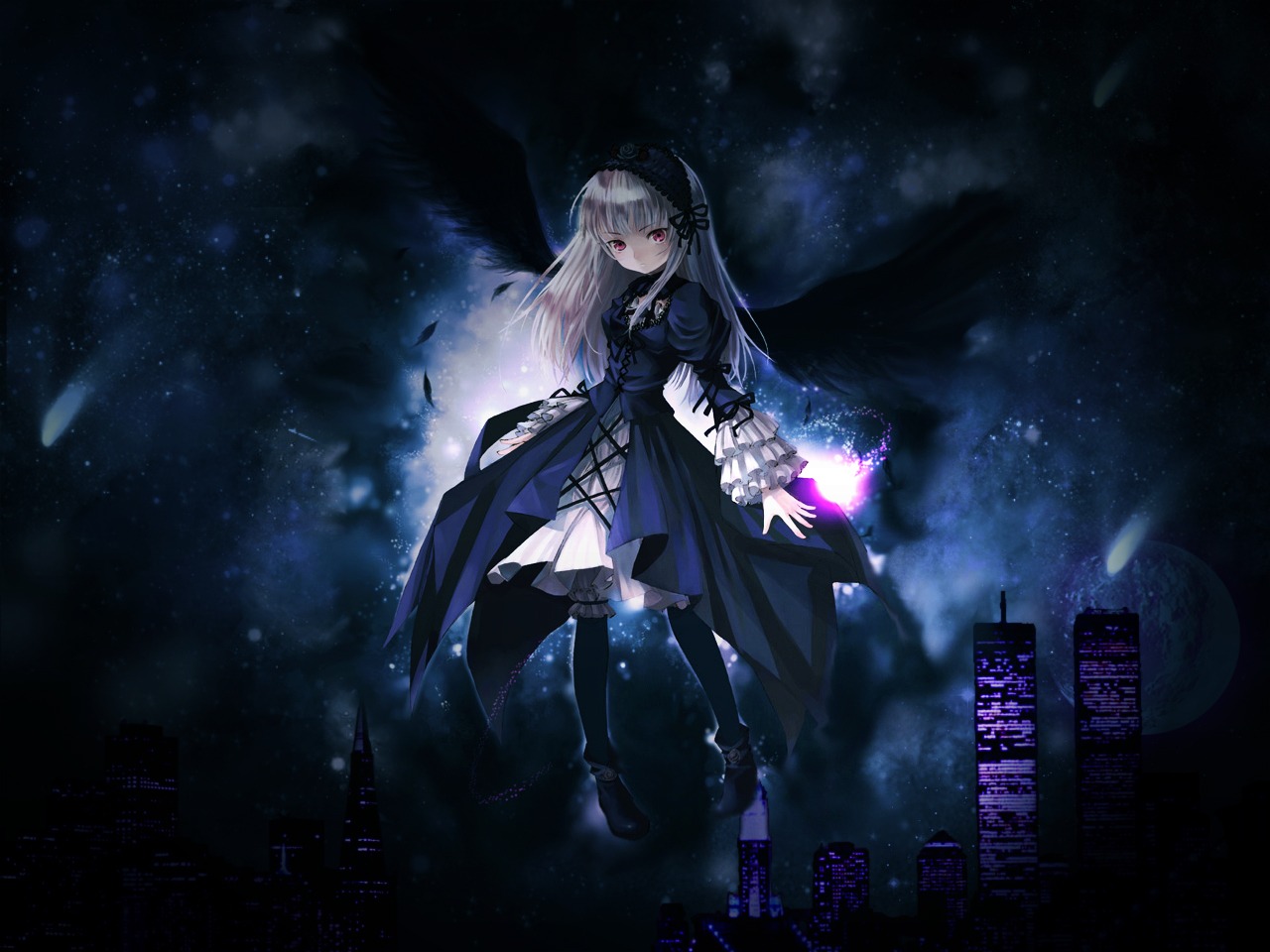 1girl black_footwear black_legwear boots dress flower frills gothic_lolita hairband image long_hair long_sleeves night night_sky red_eyes silver_hair sky solo star_(sky) starry_sky suigintou thighhighs wings