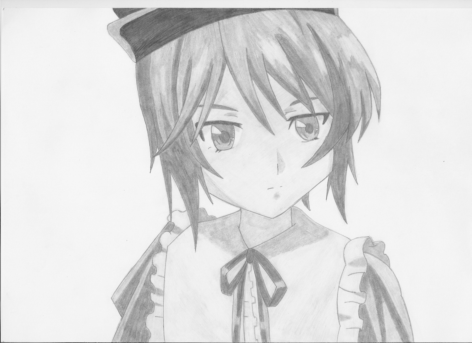 1girl closed_mouth frills graphite_(medium) greyscale hat image looking_at_viewer monochrome neck_ribbon ribbon short_hair solo souseiseki striped traditional_media vertical_stripes