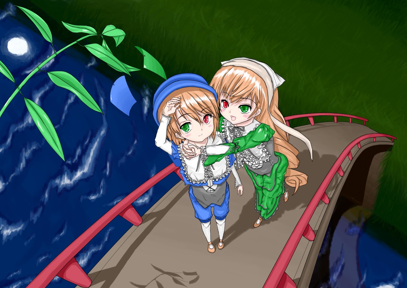 2girls blonde_hair brown_hair dress full_moon grass green_dress green_eyes hat head_scarf heterochromia image long_hair looking_at_viewer moon multiple_girls open_mouth outdoors pair red_eyes short_hair siblings sky smile souseiseki suiseiseki vivio water