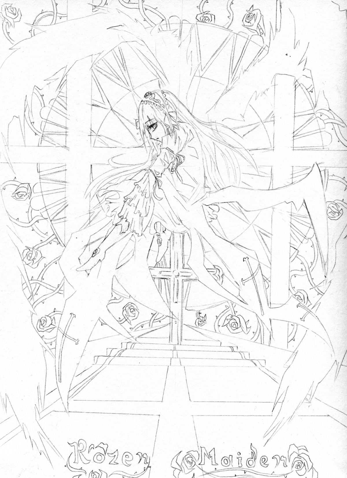 1girl dress flower greyscale hair_ornament image lineart long_hair monochrome rose solo suigintou very_long_hair