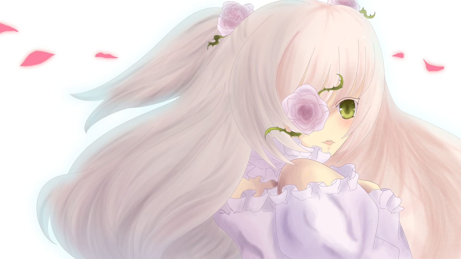 1girl blonde_hair dress eyepatch flower green_eyes hair_flower image kirakishou long_hair petals pink_flower pink_rose rose solo striped striped_background vertical_stripes