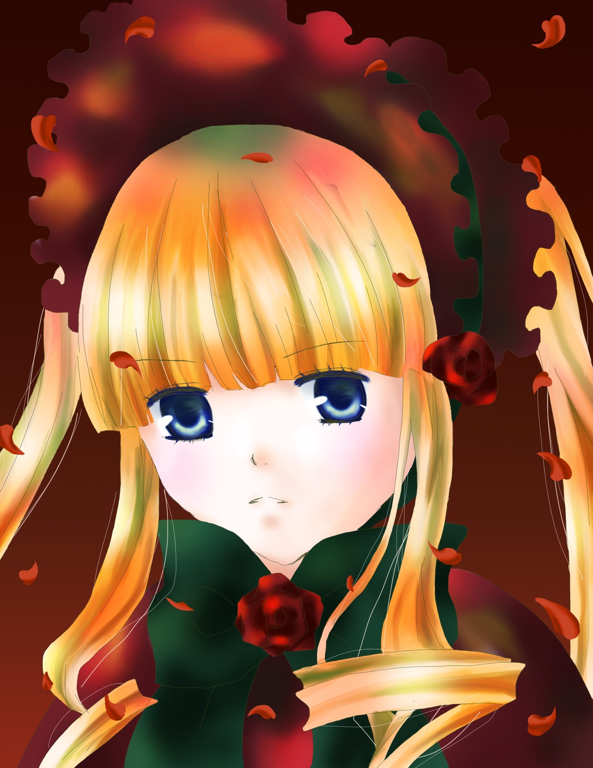 1girl bangs blonde_hair blue_eyes blush bonnet flower image long_hair looking_at_viewer petals red_flower red_rose rose rose_petals shinku solo twintails