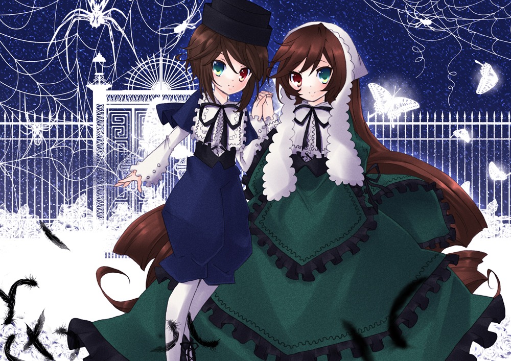 2girls brown_hair dress frills green_dress green_eyes hat heterochromia holding_hands image long_hair long_sleeves multiple_girls pair pantyhose red_eyes short_hair siblings sisters smile souseiseki suiseiseki twins