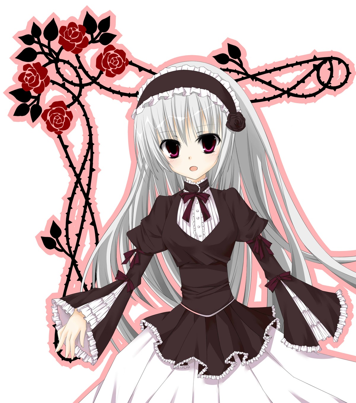 1girl :d black_dress dress flower frills gothic_lolita hairband image juliet_sleeves lolita_fashion lolita_hairband long_hair long_sleeves looking_at_viewer open_mouth puffy_sleeves rose silver_hair solo suigintou