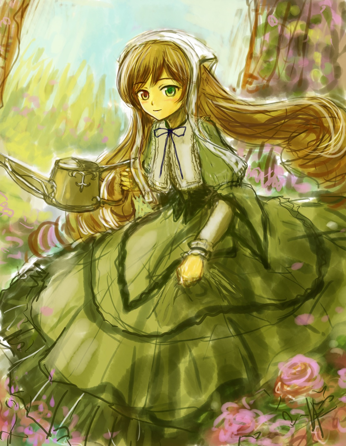 1girl blonde_hair brown_hair dress flower frills green_dress green_eyes heterochromia image long_hair long_sleeves looking_at_viewer outdoors ribbon smile solo suiseiseki very_long_hair watering_can