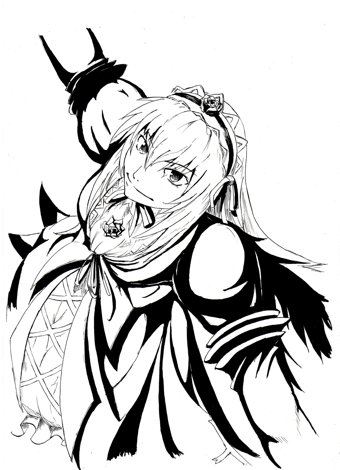 1girl breasts closed_mouth dress eyebrows_visible_through_hair flower greyscale hairband image long_hair long_sleeves looking_at_viewer monochrome outstretched_arms ribbon simple_background smile solo suigintou white_background