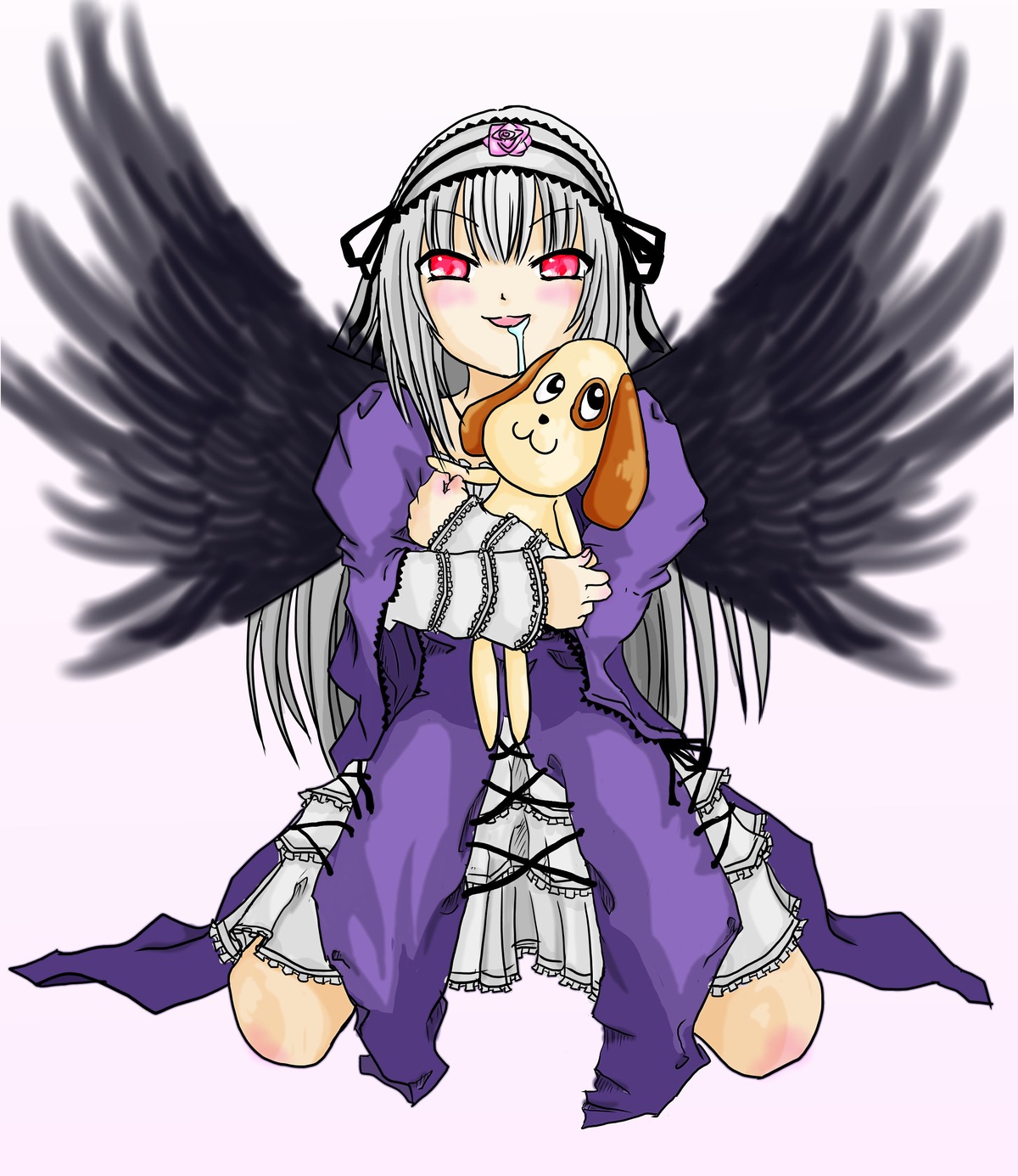 1girl :p black_wings blurry dress feathered_wings feathers flower frilled_sleeves frills hairband image kneeling long_hair long_sleeves looking_at_viewer pink_eyes rose silver_hair sitting solo suigintou tongue tongue_out very_long_hair wings