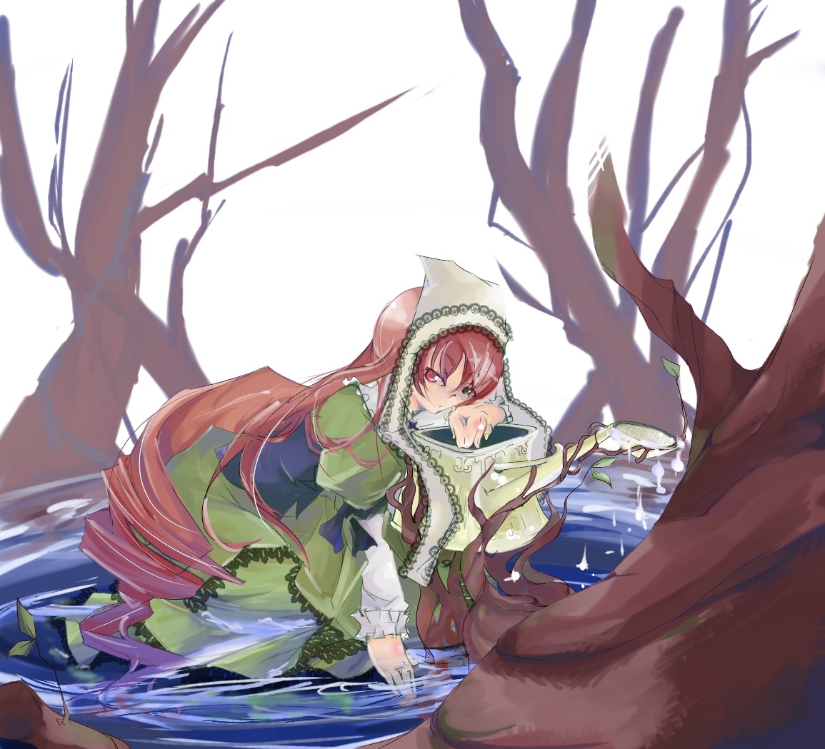 1girl bare_tree dress frills green_dress image long_hair long_sleeves puffy_sleeves red_eyes solo suiseiseki tree very_long_hair water