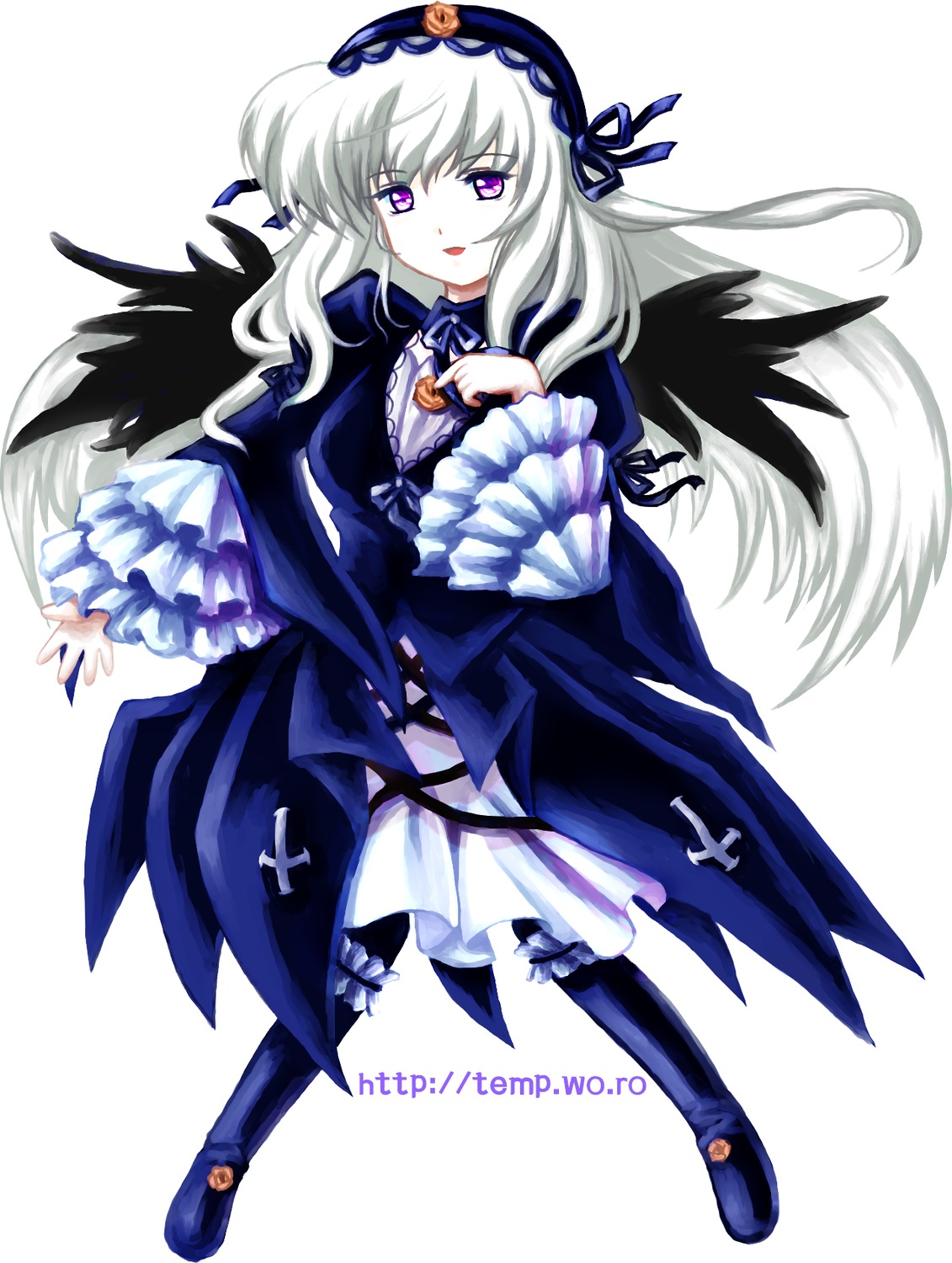 1girl black_wings boots dress frilled_sleeves frills full_body hairband image long_hair long_sleeves looking_at_viewer ribbon silver_hair solo suigintou white_background wings