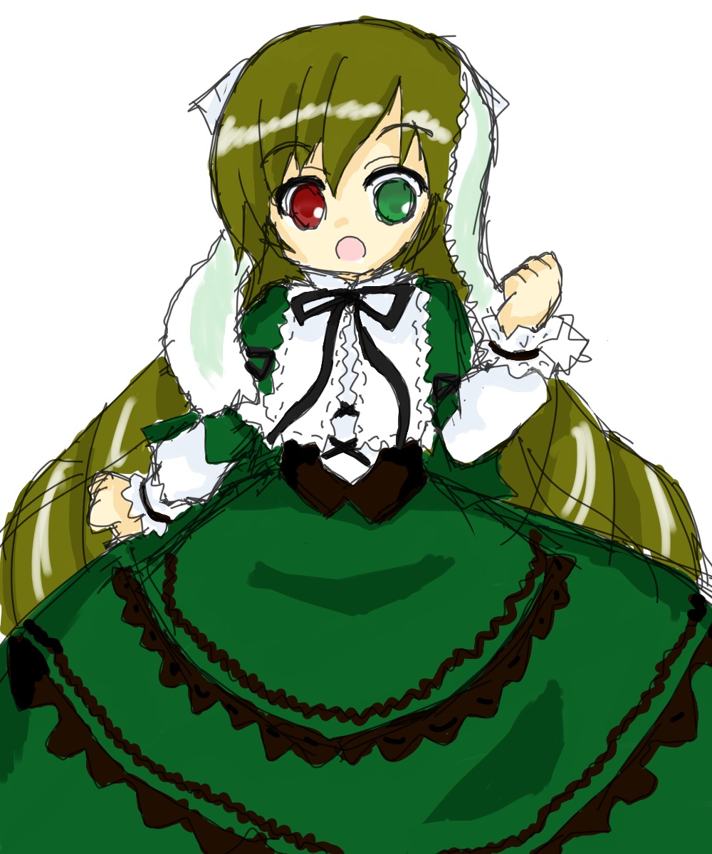 1girl brown_hair dress frills full_body green_dress green_eyes heterochromia image long_hair long_sleeves looking_at_viewer open_mouth red_eyes simple_background solo suiseiseki white_background