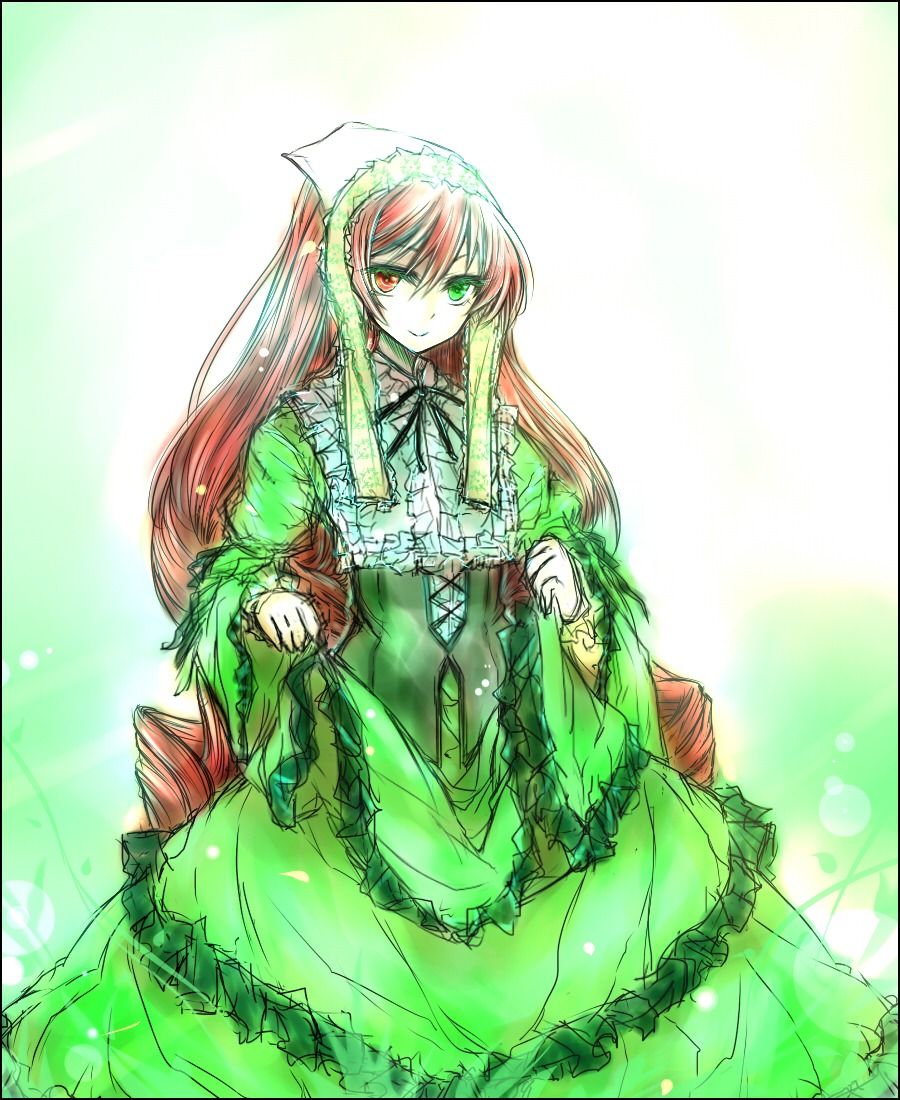 1girl brown_hair closed_mouth dress frills green_dress green_eyes heterochromia image letterboxed long_hair long_sleeves looking_at_viewer red_eyes ribbon smile solo suiseiseki very_long_hair