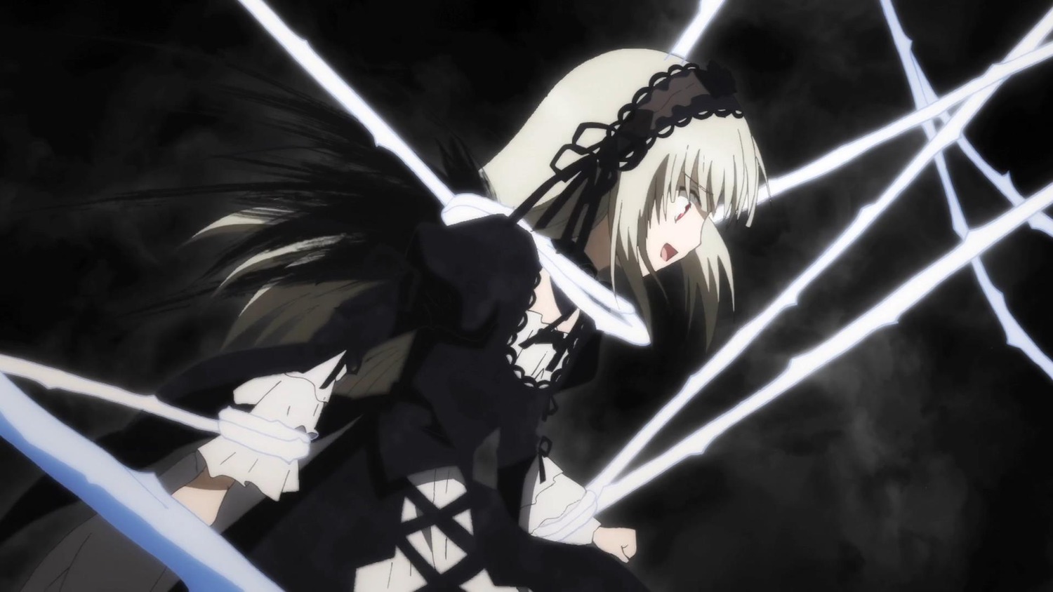 1girl dress frills hairband holding holding_sword holding_weapon image long_hair long_sleeves profile puffy_sleeves silver_hair solo suigintou sword very_long_hair weapon wings