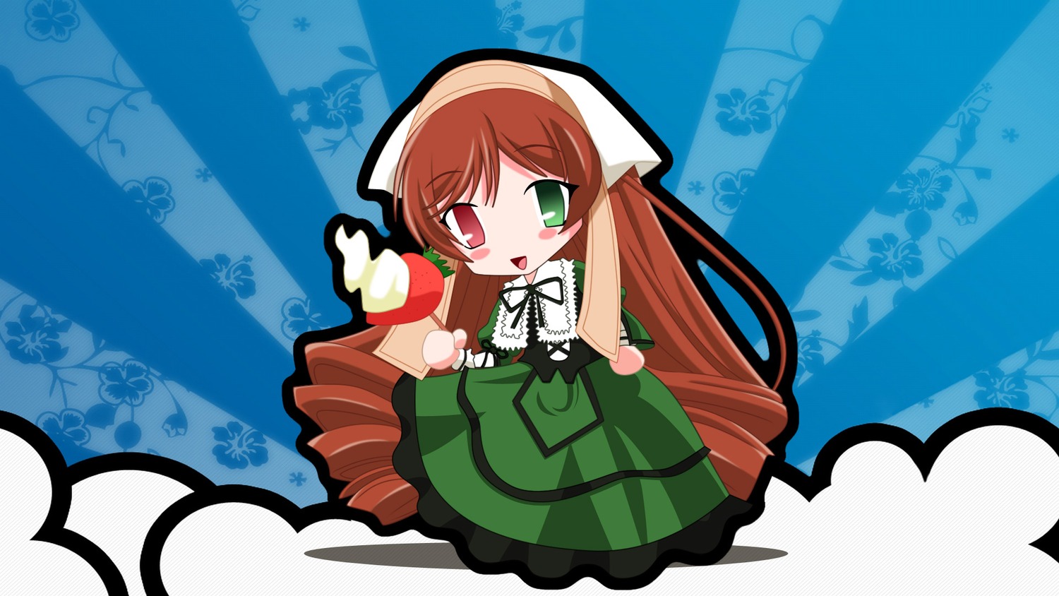 1girl brown_hair chibi dress food frills green_dress green_eyes head_scarf heterochromia image long_hair long_sleeves looking_at_viewer open_mouth red_eyes solo suiseiseki very_long_hair