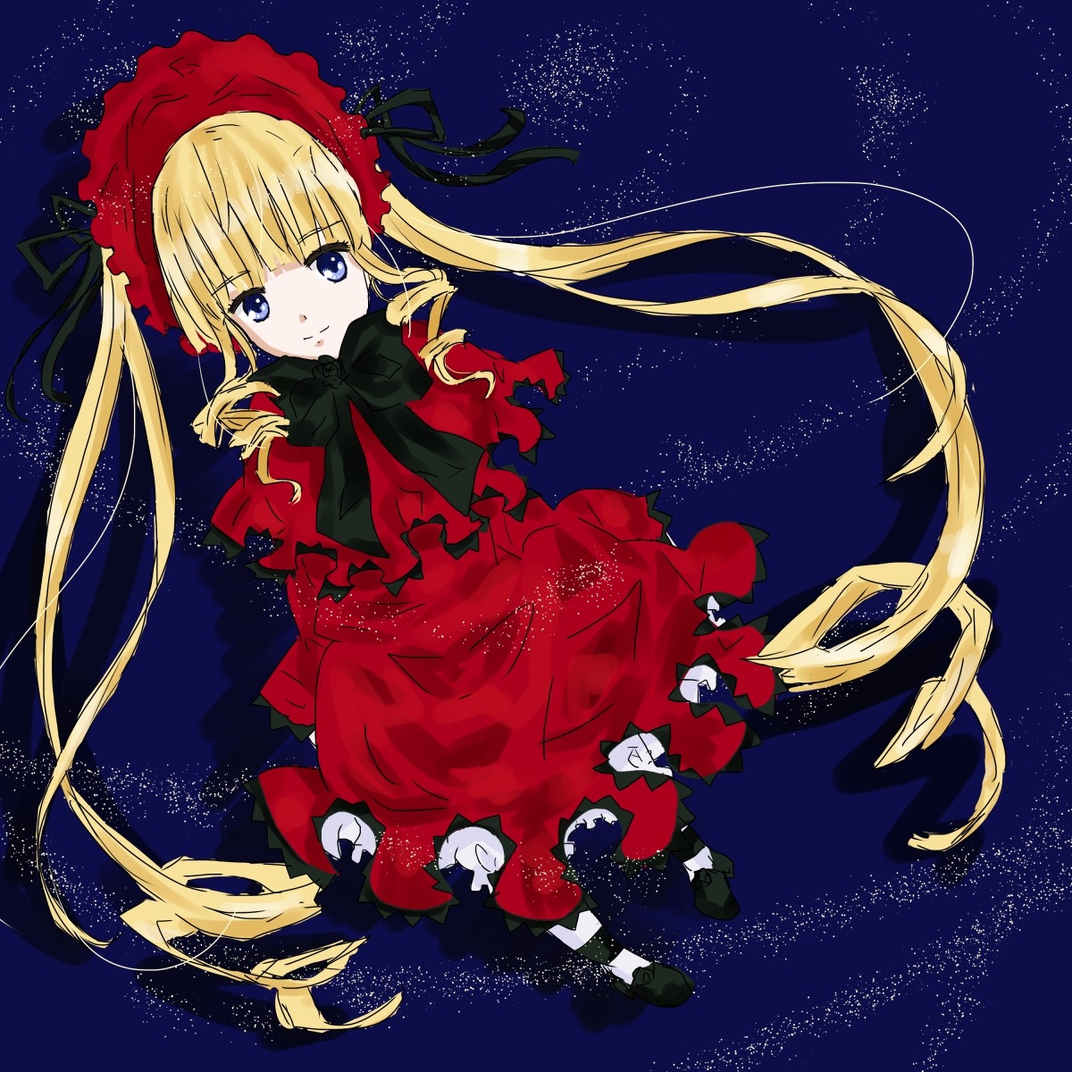 1girl blonde_hair blue_eyes bonnet bow dress drill_hair image long_hair night night_sky red_dress shinku shooting_star sky solo space star_(sky) starry_sky twin_drills twintails very_long_hair