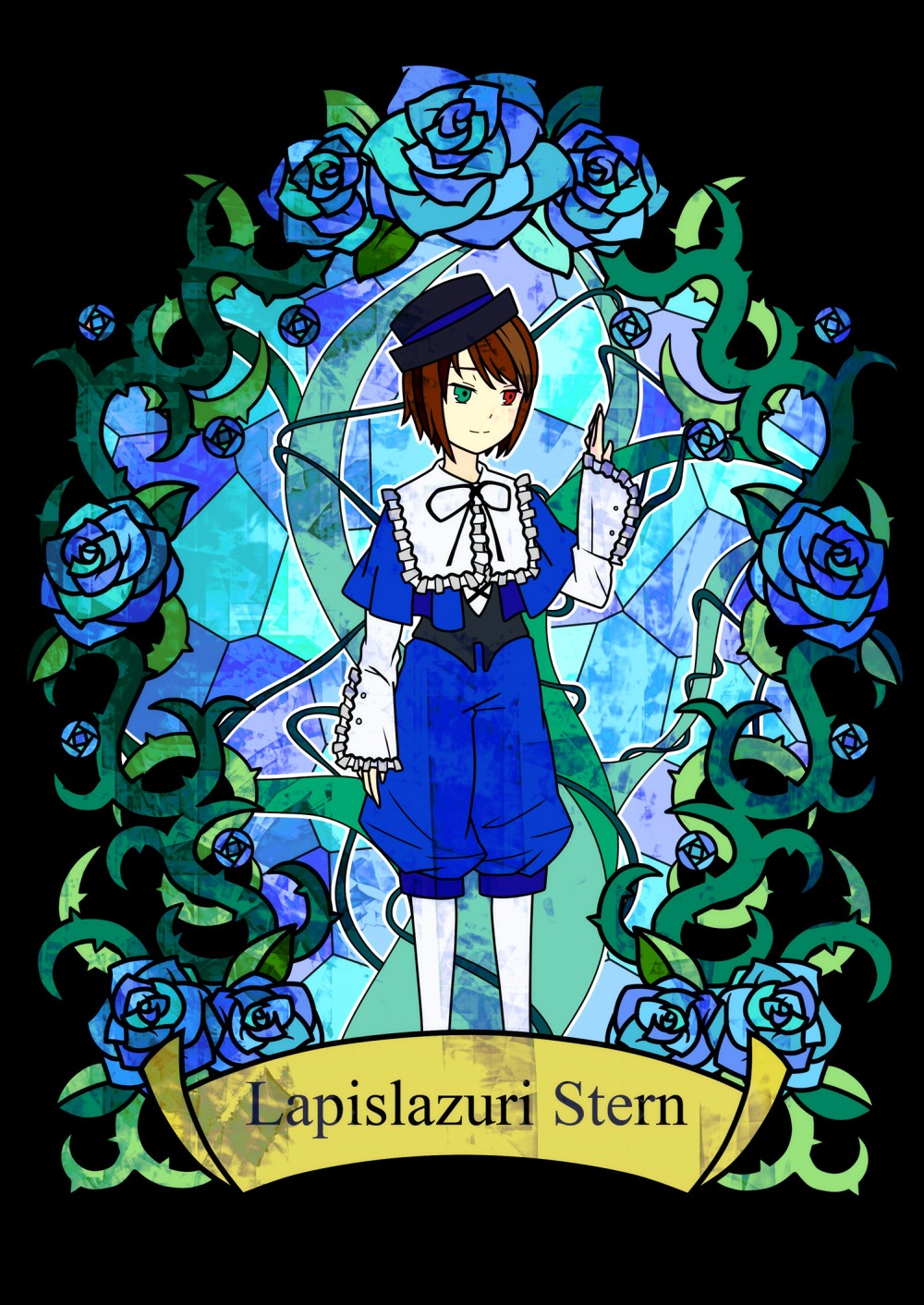 blue_flower blue_rose brown_hair flower frills green_eyes hat heterochromia image plant purple_rose red_eyes rose scissors short_hair solo souseiseki thorns vines