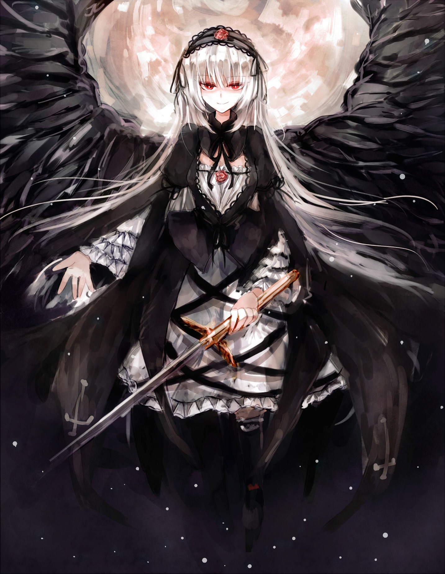 1girl black_dress black_wings dress flower frills gothic_lolita hairband holding image lolita_fashion long_hair long_sleeves looking_at_viewer red_eyes ribbon rose silver_hair solo suigintou very_long_hair weapon wings