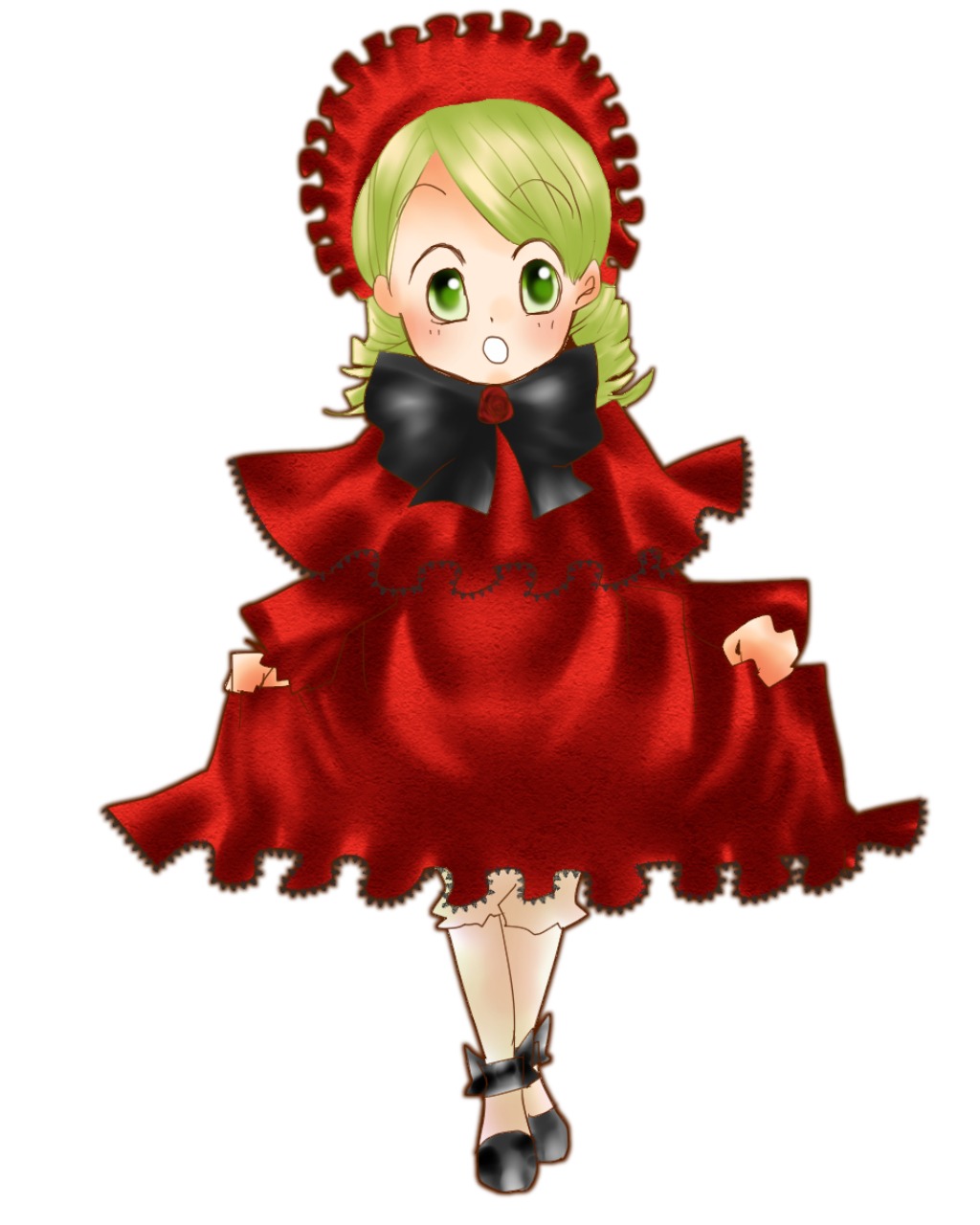 1girl blonde_hair blush bow costume_switch dress full_body green_eyes image kanaria long_hair long_sleeves looking_at_viewer red_dress shinku simple_background solo standing white_background