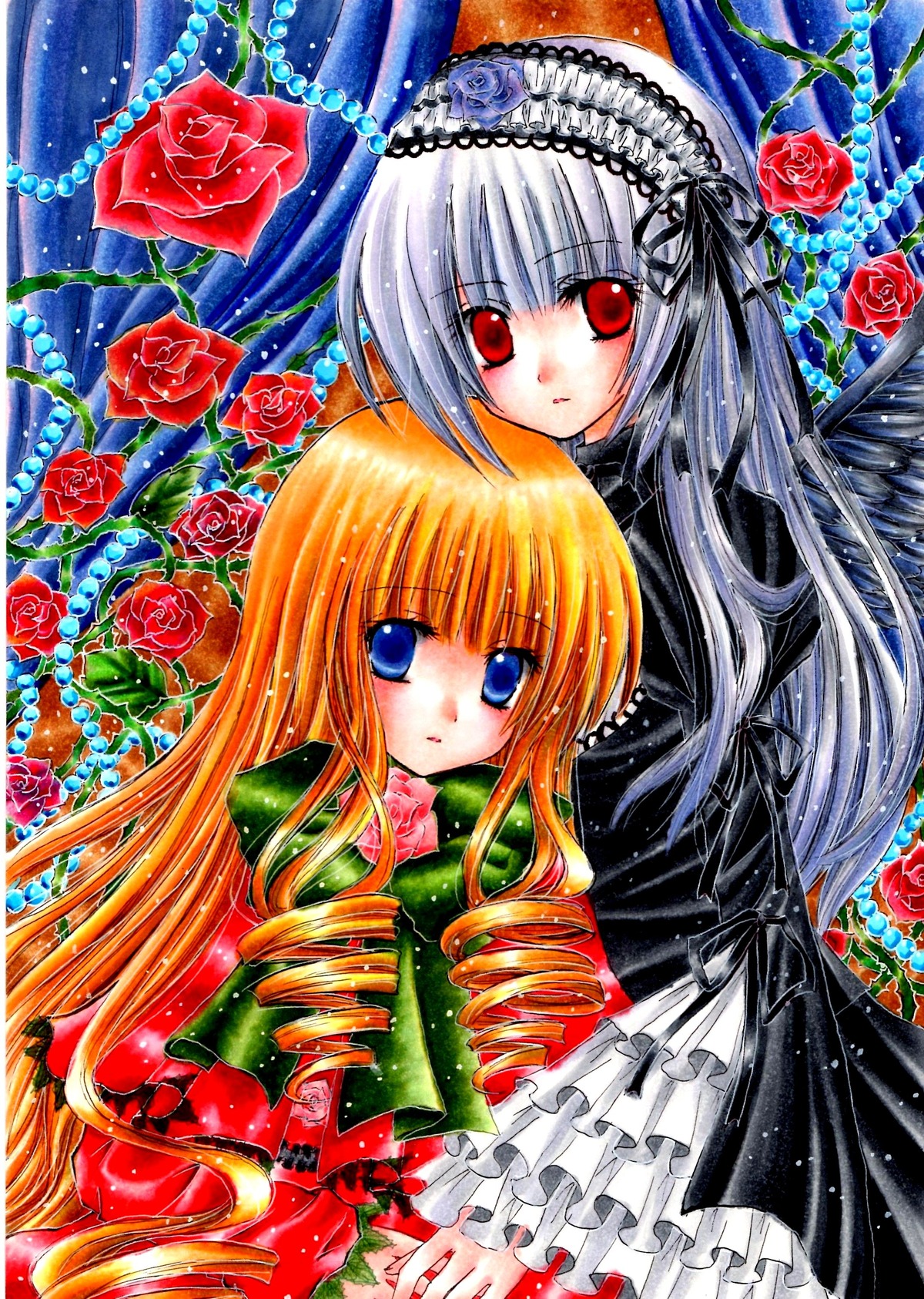 2girls blonde_hair blue_eyes dress drill_hair flower frills gothic_lolita hairband image lolita_fashion long_hair marker_(medium) multiple_girls pair pastel_(medium) red_eyes red_flower red_rose ringlets rose shinku suigintou traditional_media twin_drills very_long_hair