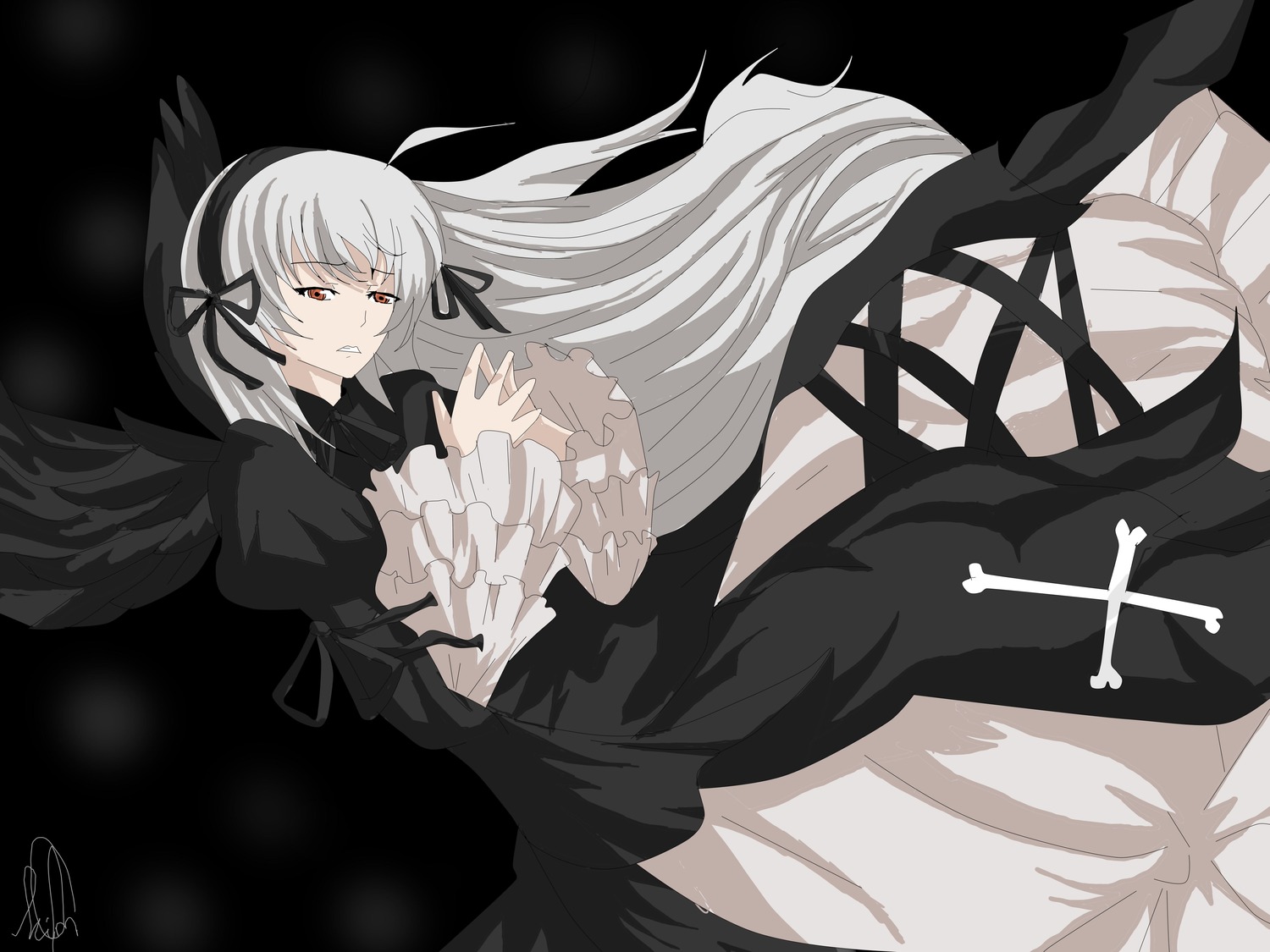 1girl black_dress black_ribbon black_wings dress frilled_sleeves frills hairband long_hair long_sleeves red_eyes ribbon silver_hair solo suigintou very_long_hair wings