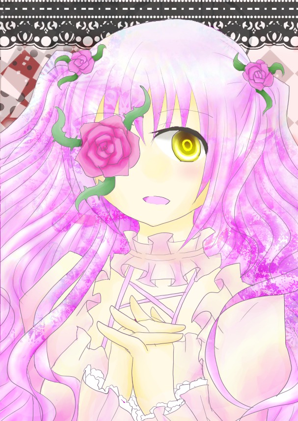 1girl blush dress flower frills hair_ornament hands_clasped hands_together image interlocked_fingers kirakishou long_hair own_hands_together pink_flower pink_hair pink_rose rose solo thorns vines yellow_eyes