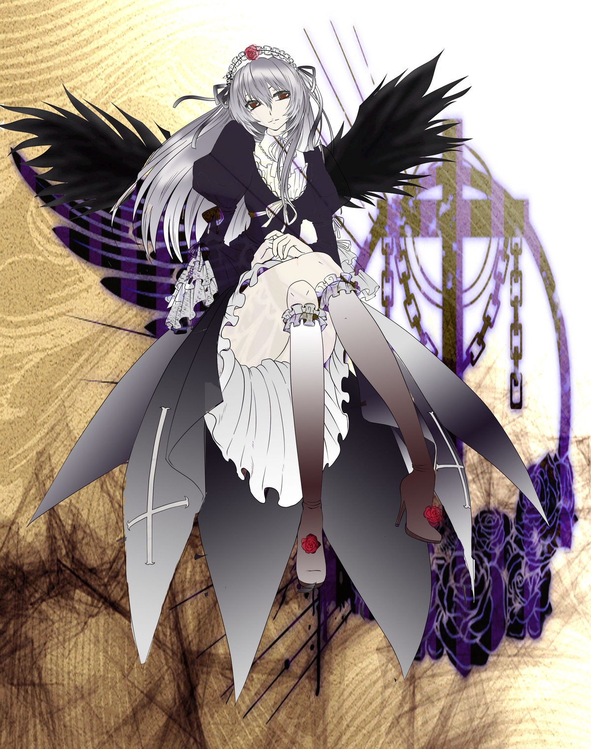 1girl black_wings dress flower frills hairband image kneehighs long_hair red_eyes ribbon rose silver_hair sitting solo suigintou wings