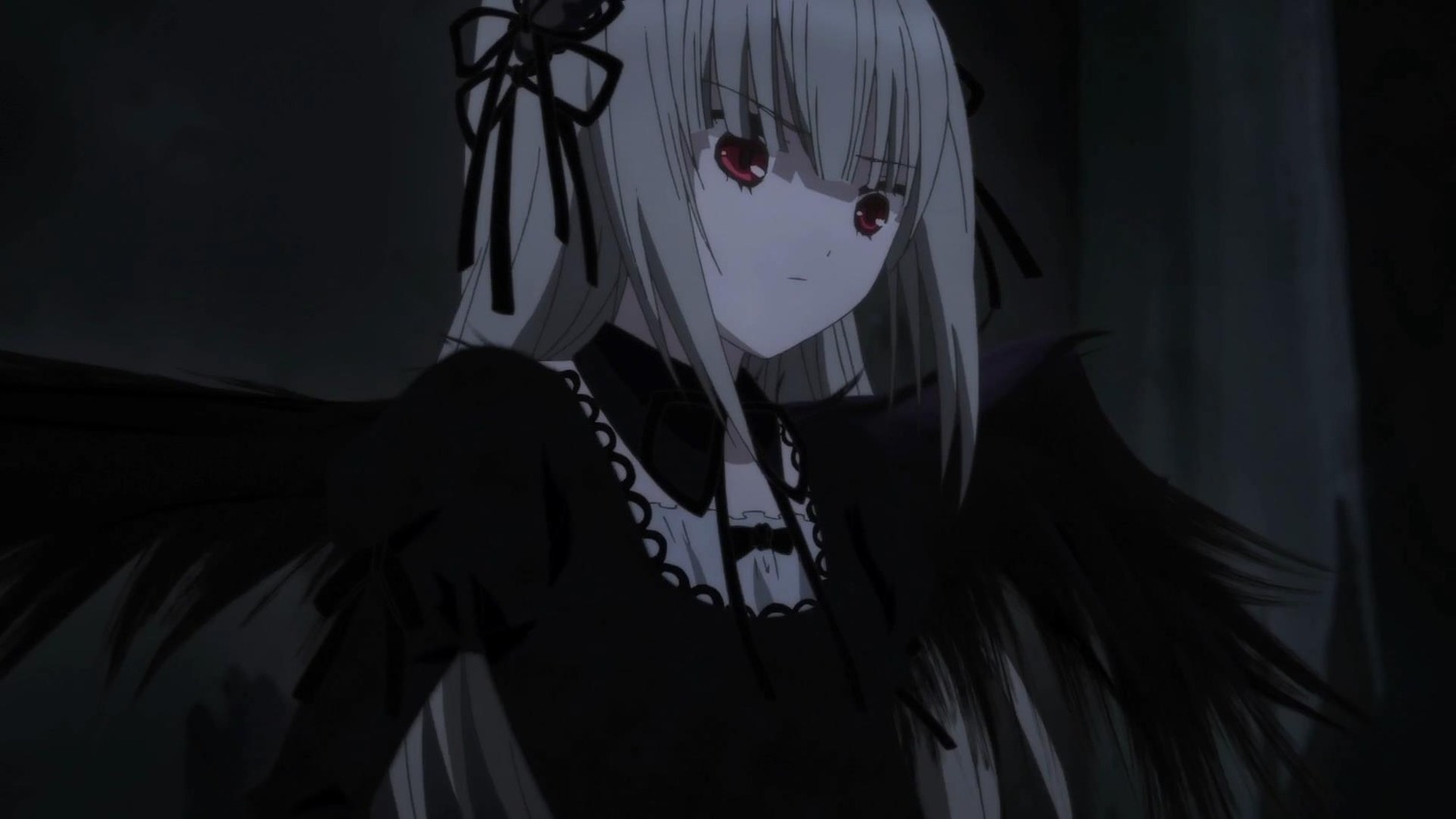 1girl bangs black_dress black_ribbon black_wings closed_mouth dress eyebrows_visible_through_hair feathered_wings flower hair_ribbon hairband image long_hair long_sleeves looking_at_viewer red_eyes ribbon silver_hair solo suigintou upper_body wings